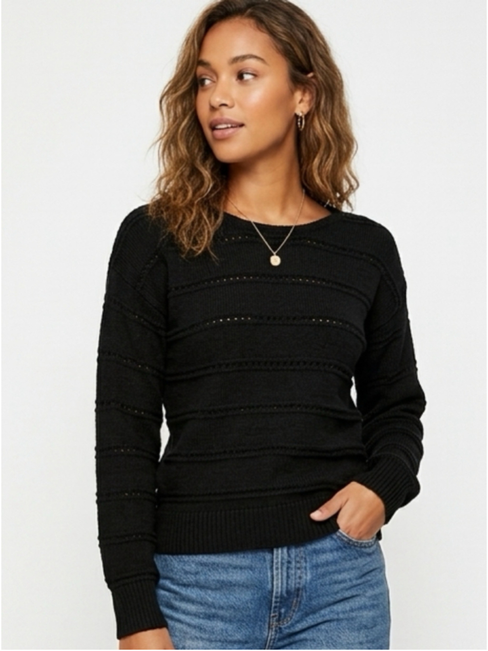 90s Black Pointelle Knit Sweater • Ribbed Grunge Coquette Top Small - 433